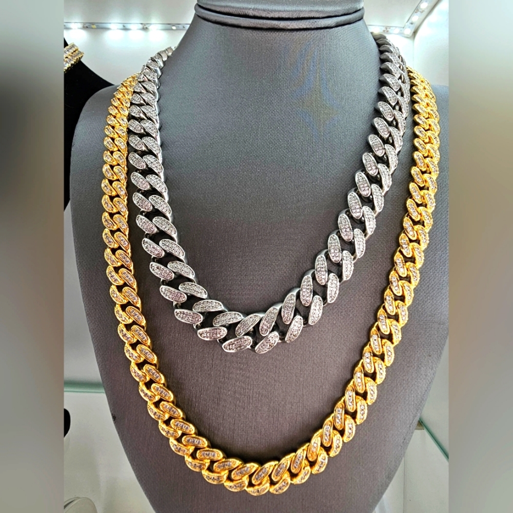 Stainles Steel 10mm Men Cuban Link Necklace Gold chain 26in-Silver chain 20in